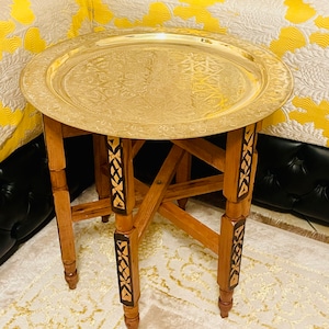 Moroccan brass tea table, boho coffee table, Arabesque Engraved Carved Polished Brass Tray Folding Table with Folding Cedar Wood Legs