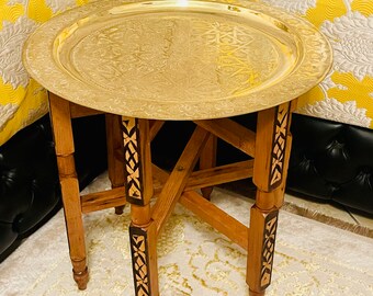 Moroccan brass tea table, boho coffee table, Arabesque Engraved Carved Polished Brass Tray Folding Table with Folding Cedar Wood Legs