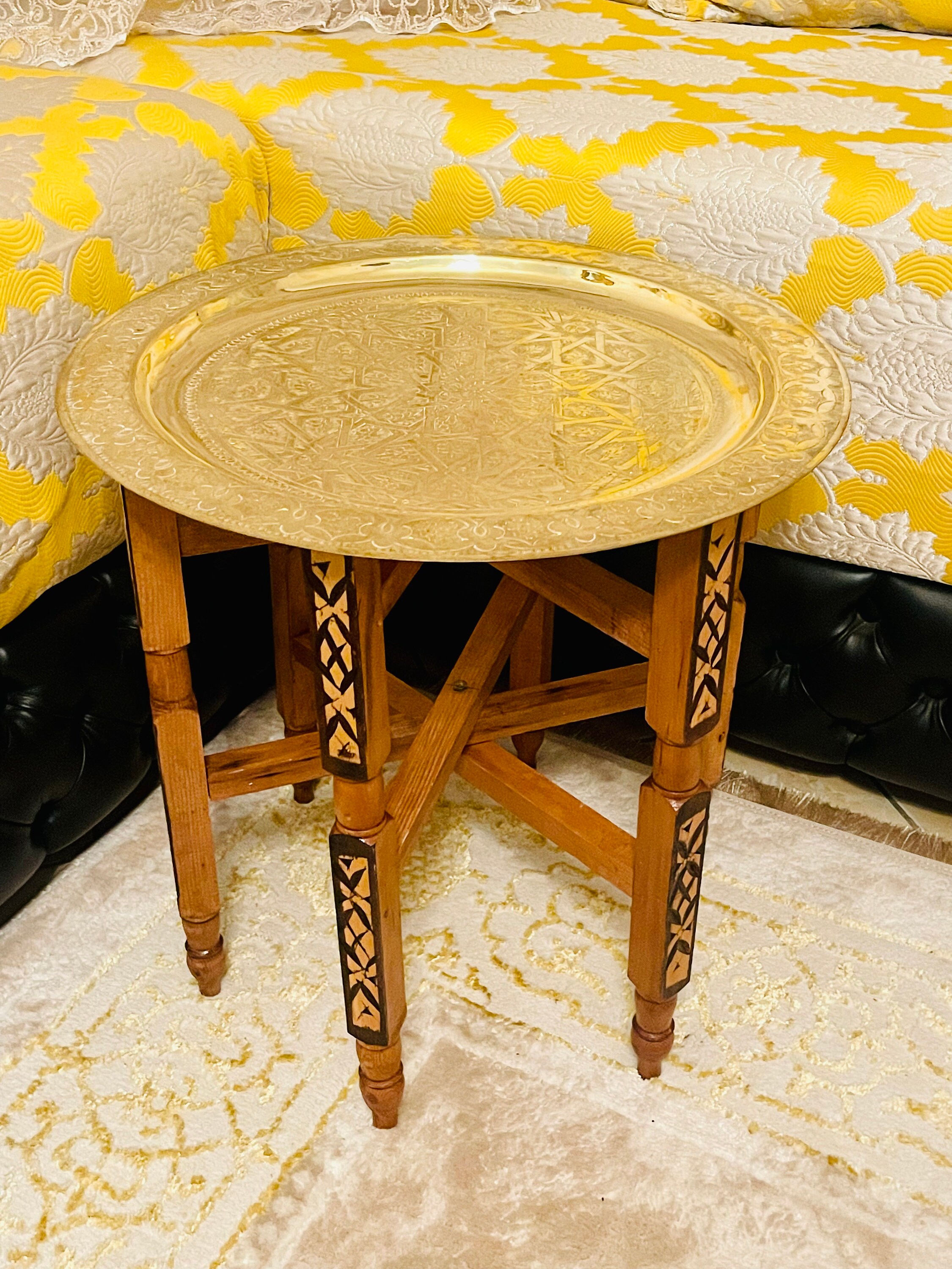 Moroccan Brass Tea Table, Boho Coffee Table, Arabesque Engraved
