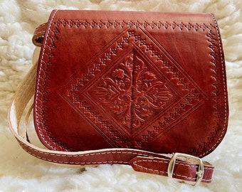 Handmade Moroccan Leather Crossbody Bag, Carved Boho Shoulder Bag