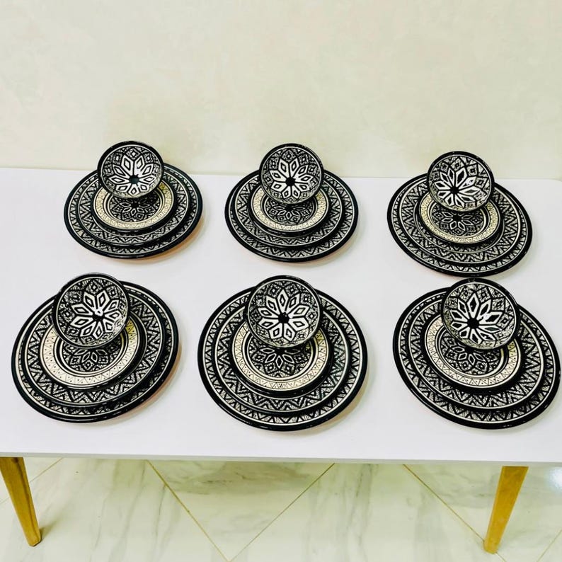 Authentic Moroccan Hand Painted Ceramic Dinnerware Set, Black Handmade ...