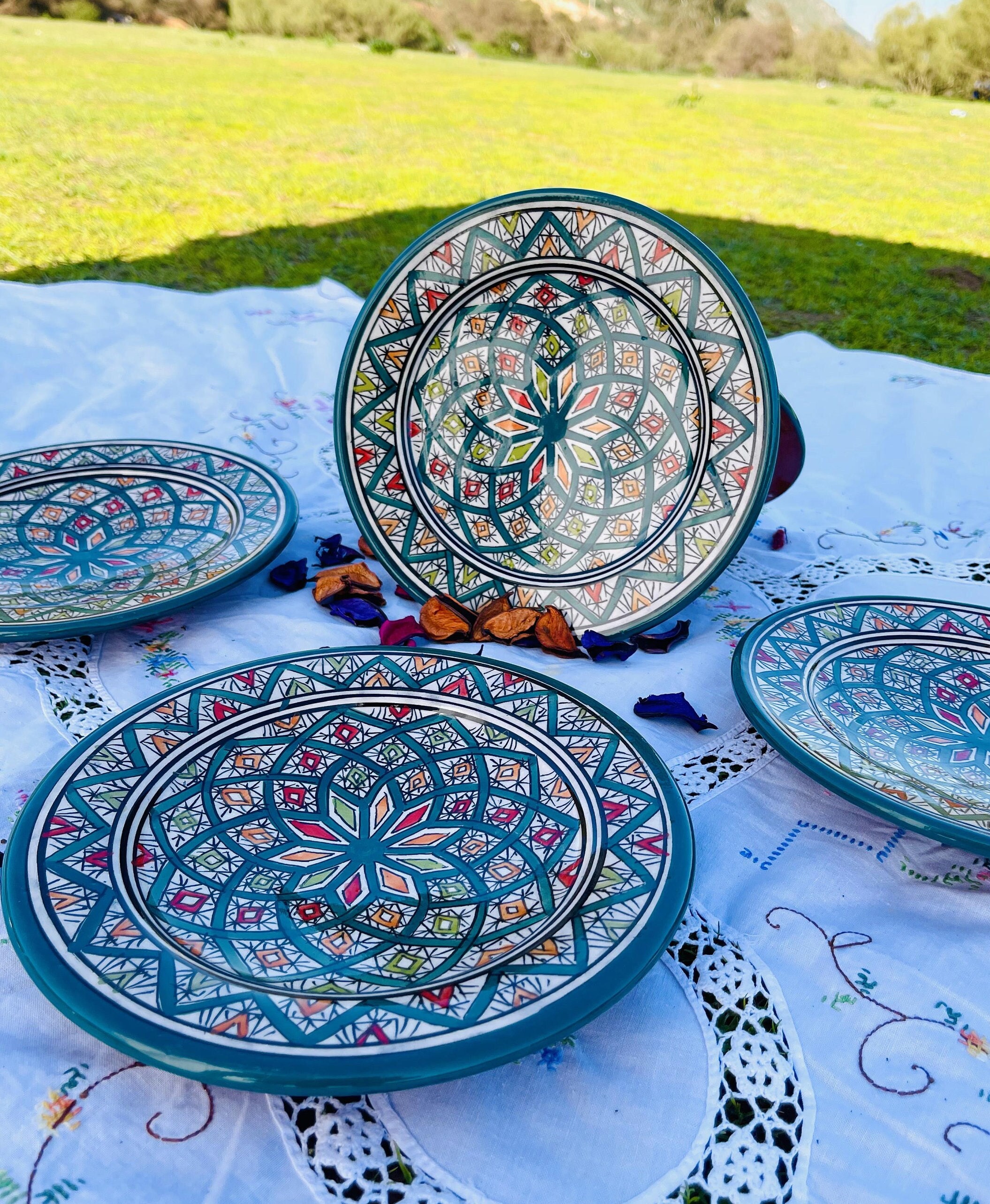 Set of 6 Green Moroccan Ceramic Plates Handmade and Hand-painted