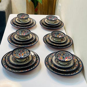 Authentic Moroccan Hand Painted Ceramic Dinnerware Set, Blue Handmade Serving Set, Tableware Collection, Dinnerware Set