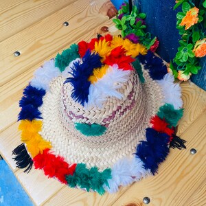 May include: A straw hat with colorful pom-poms around the brim. The pom-poms are red, yellow, green, blue, and white.