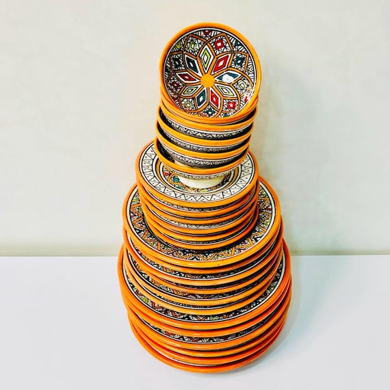 Authentic Moroccan Hand Painted Ceramic Dinnerware Set, Orange