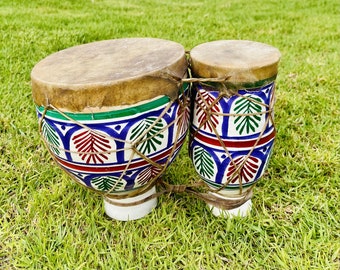 Moroccan Tam Tam Double Drum, Hand-painted Terracotta Clay