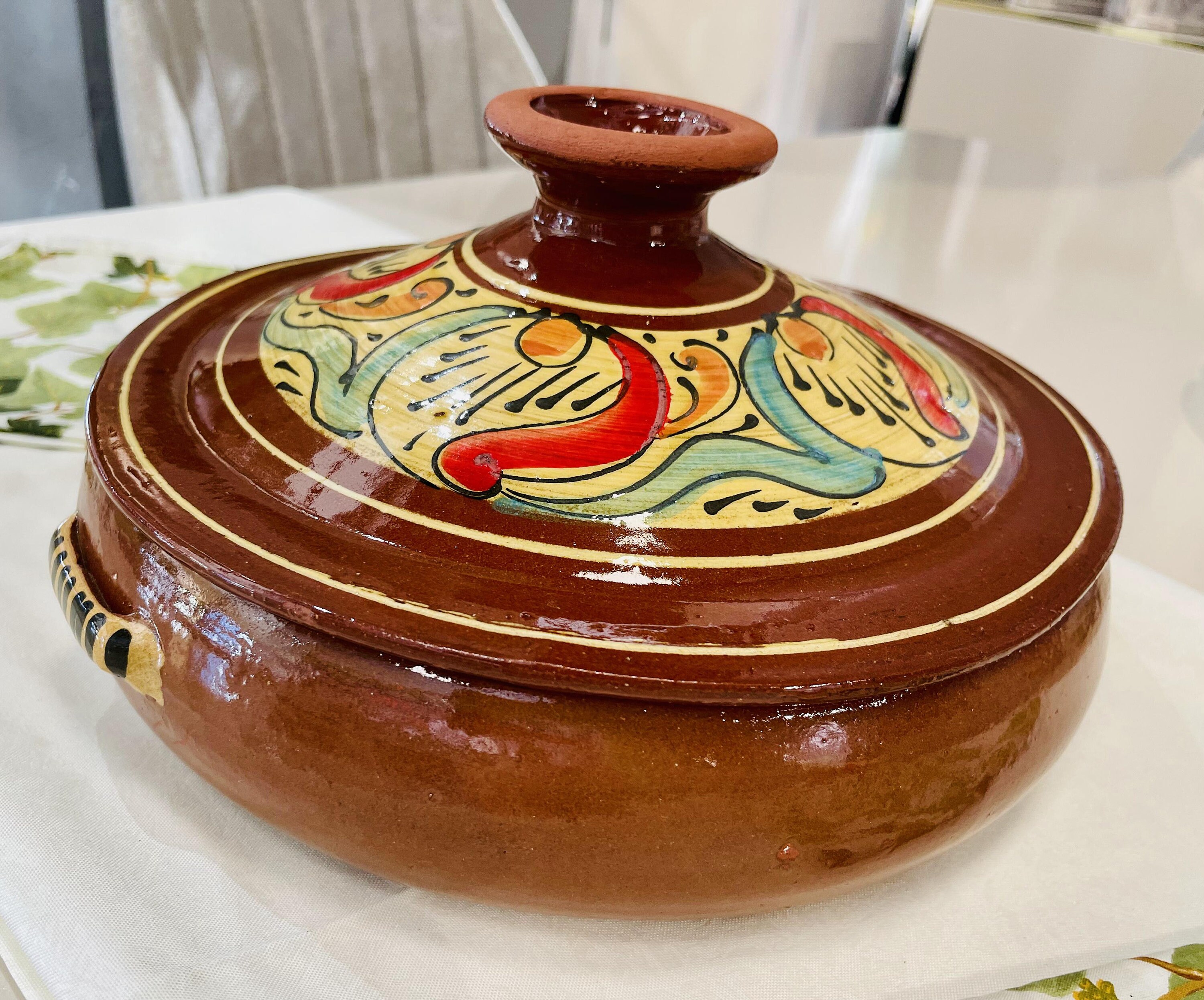 タジン鍋／モロッコ製／ハンドメイド／幾何学ブラウン 手作りモロッコタジン、セラミックタジン鍋、鉛フリー、11インチ