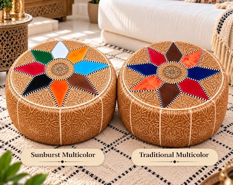 Pouf XL ottoman marocain en cuir – Coussin de sol berbère multicolore fait main, housse non rembourrée