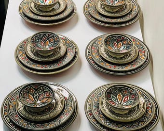 Authentic Moroccan Hand Painted Ceramic Dinnerware Set, Grey Handmade Serving Set, Tableware Collection, Dinnerware Set
