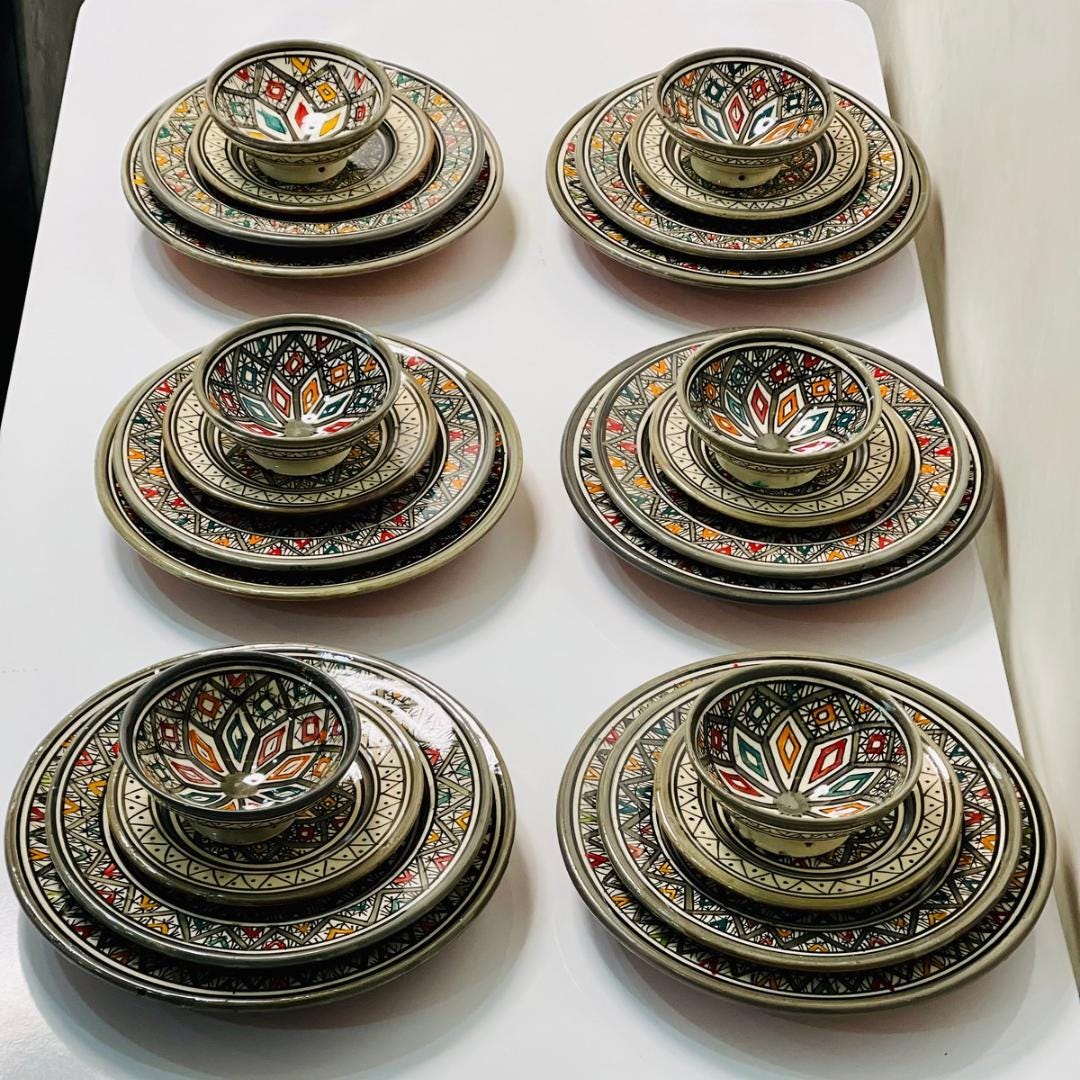 Authentic Moroccan Hand Painted Ceramic Dinnerware Set, Grey Handmade Serving Set, Tableware Collection, Dinnerware Set