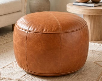 Tan Moroccan Leather Pouf Ottoman, Handmade Genuine Leather Footstool, Round Boho Floor Cushion, Unstuffed
