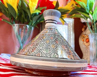 Tajín marroquí de cerámica hecho a mano / Olla para servir pintada a mano, 8 pulgadas