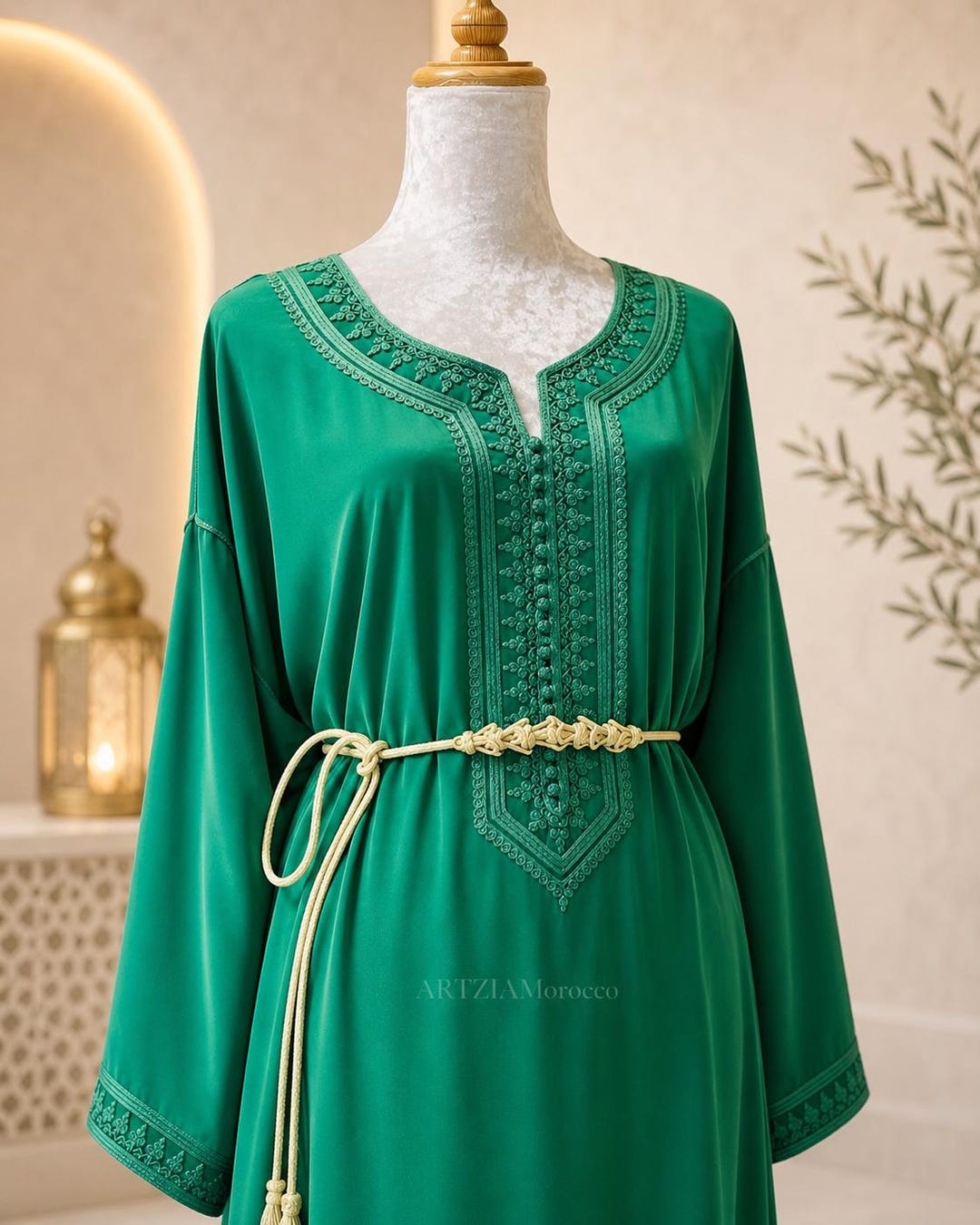 Moroccan Gandoura Caftan, Handmade Green Silk Crepe With Matching