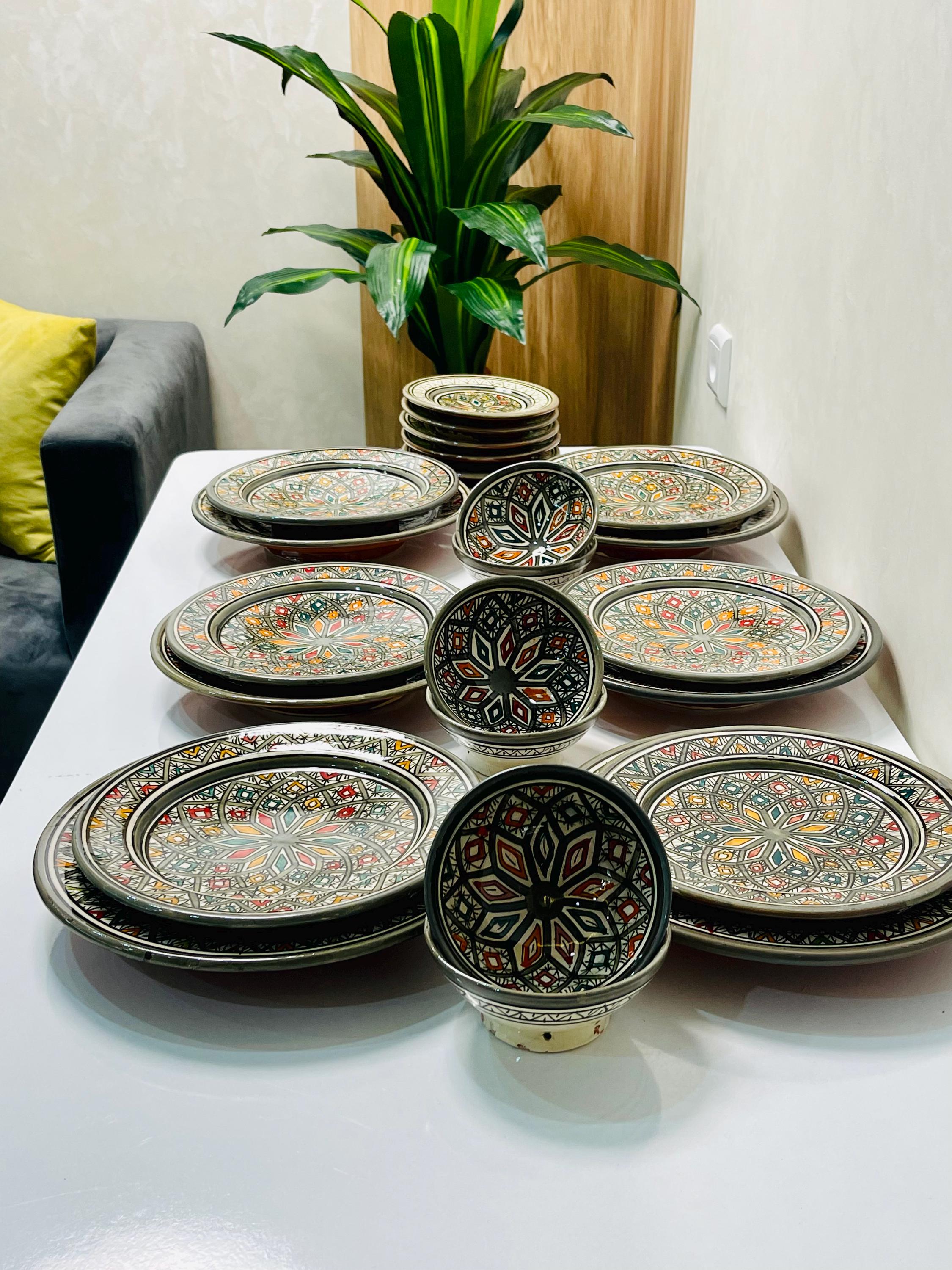 Authentic Moroccan Hand Painted Ceramic Dinnerware Set, Grey Handmade ...