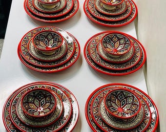 Authentic Moroccan Hand Painted Ceramic Dinnerware Set, Red Handmade Serving Set, Tableware Collection, Dinnerware Set