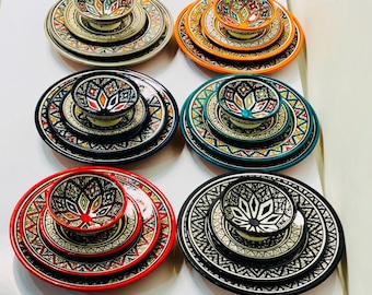 Authentic Moroccan Hand Painted Ceramic Dinnerware Set 24 Pieces, Handmade Multicolored Serving Set, Tableware Collection, Dinnerware Set