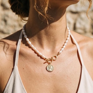 Freshwater Baroque Pearl Necklace | Coin Charm Necklace | Queen Medallion Pendant | Toggle Clasp Pearl Necklace | Vintage Statement Necklace