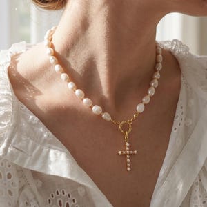Freshwater Baroque Pearl Necklace With Gold Cross Pendant | Natural Pearl Cross Charm Necklace | Christian Jewelry Gift | Wedding Gift