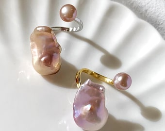 Rosa Barock Perle Ring. Doppelte Süsswasserperle als Ring. Verstellbarer Gold-Vermeil-Ring. Hochzeit Braut Geschenk. Geschenk für sie. Mutter Geschenk.