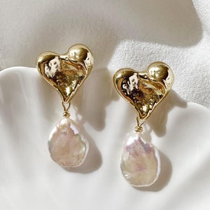 Petal Keshi Pearl Dangle Earrings. Freshwater Baroque Pearl Drop Earrings. Heart Statement Earrings. Gift For Her. Wedding Bridesmaid Gift.