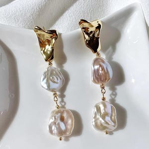 Petal Keshi Pearl Dangle Earrings. Double Keshi Pearl Earrings. Gift For Her. Wedding Bridal Gift. Mother&#39;s Gift. Statement Earrings.