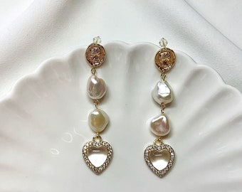 Handmade Irregular Keshi Pearl Dangle Earrings, Freshwater Pearl Dangle Earrings, Transparent Heart Drops Earrings, Queen Head Coin Earrings