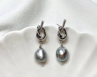 Baroque Pearl Earrings. Grey Freshwater Pearl Earrings. Knot Pearl Drop Earrings. Minimalist Pearl Earrings. Dainty Earrings. Gift For Her.