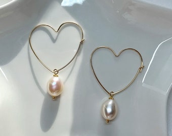 Baroque Pearl Drop Earrings. Gold Filled Hoop Earring. Freshwater Pearl Earrings. Simple Pearl Earrings. Heart Hoop Earrings. Gift For Her.