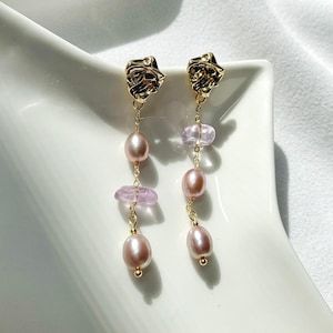 Pendientes colgantes de perlas moradas de agua dulce / Pendientes colgantes de amatista natural / Pendientes llamativos de perlas / Regalo de joyería para damas de honor
