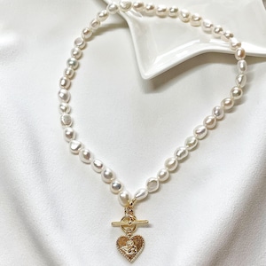 Baroque Pearl Necklace. Heart Charm Necklace. Freshwate Pearl Necklace with Charm. Pearl Necklace with Toggle. Gift For Her.