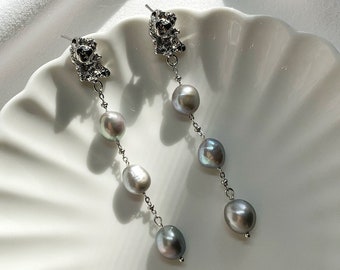 Grey Baroque Pearl Earrings. Long Freshwater Pearl Dangle Earrings. Wedding Earrings. Bridal Pearl Earrings. Bridesmaids Gift.