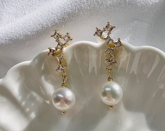 Ringed Baroque Pearl Drop Earrings. Freshwater Pearl Dangle Earrings. Dainty Crystal Branch Earrings.  Gift For Her. Wedding Bridal Gift.