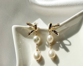 Double Baroque Pearl Dangle Earrings. Knot Pearl Drop Earrings. Minimalist Dainty Earrings. Mother's Gift. Wedding Bridal Gift.