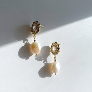 Freshwater Baroque Pearl Drop Earrings. Vintage Dangle Earrings. Everyday Earrings. Wedding Bridal Pearl Earrings. Bridesmaids Gift. image 2
