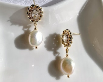 Vintage Baroque Pearl Drop Earrings | Freshwater Pearl Dangle Earrings | Gold Zircon Stud Statement Earrings | Wedding Jewelry Gift for Her