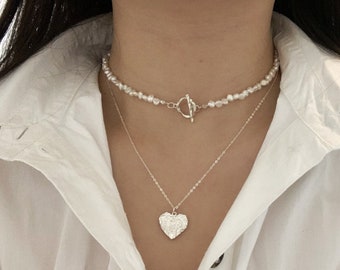 Keshi Pearl Necklace. Freshwater Pearl Choker with Toggle. S925 Silver Layering Necklace. S925 Silver Heart Charm. Gift For Her.