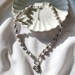 Grey Baroque Pearl Necklace. Heart Charm Pearl Necklace. Freshwater Pearl Necklace. Gift For Her. image 3