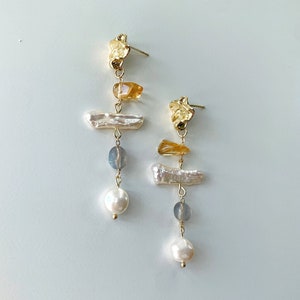 Freshwater Baroque Pearl Dangle Earrings. Citrine/Labradorite Gemstones Drop Earrings. Long Statement Earrings. Mother's Gift. Gift For Her.