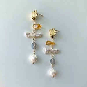 Freshwater Baroque Pearl Dangle Earrings. Citrine/Labradorite Gemstones Drop Earrings. Long Statement Earrings. Mother&#39;s Gift. Gift For Her.