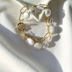 Freshwater Coin-Shaped Baroque Pearl Bracelet. High Luster Pearl Bracelet. Link Chain Toggle Bracelet. Gift For Her. Wedding Bridal Gift. image 8