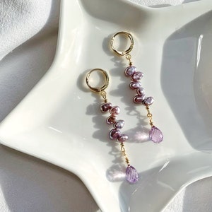 Purple Petal Keshi Pearl Dangle Earrings. Small Pearls Earrings. Natural Amethyst Gemstone Drop Earrings. Gold Vermeil Ear Hoops.