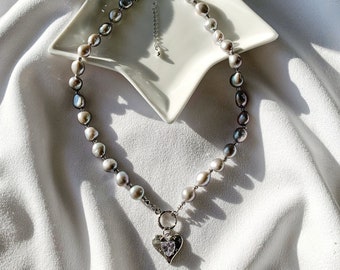 Grey Baroque Pearl Necklace. Heart Charm Pearl Necklace. Freshwater Pearl Necklace. Gift For Her.