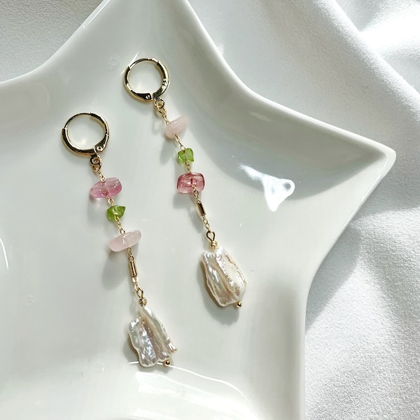 Freshwater Keshi Pearl Long Dangle Earrings with Peridot. Pink Tourmaline. Pink Crystal. Handmade Statement Earrings. Vermeil Ear Hoops.