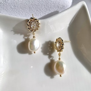 Freshwater Baroque Pearl Drop Earrings. Vintage Dangle Earrings. Everyday Earrings. Wedding Bridal Pearl Earrings. Bridesmaids Gift. image 1