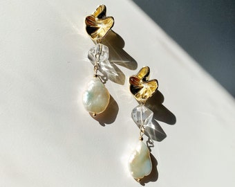 Freshwater Keshi Pearl Dangle Earrings. Clear Quartz Gemstone Earrings. Handmade Crystal Statement Earrings. Flower Earrings. Gift For Her.