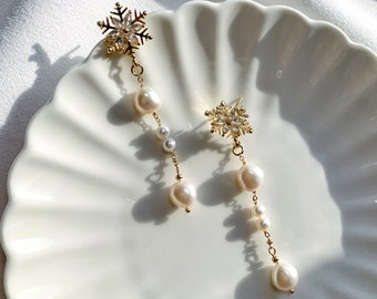 Baroque Pearl Earrings. Long Freshwater Pearl Dangle Earrings. Zircon Snowflake Earrings. Wedding Bridal Pearl Earrings. Bridesmaids Gift.