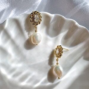 Freshwater Baroque Pearl Drop Earrings. Vintage Dangle Earrings. Everyday Earrings. Wedding Bridal Pearl Earrings. Bridesmaids Gift. image 3