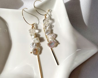 Petal Keshi Pearl Earrings. Freshwater Pearl Dangle Earrings. Clear Quartz Gemstone Earrings. Gold Vermeil. Wedding Earrings. Gift For Her.