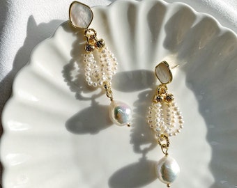 Baroque Pearls Dangle Earring. Small Pearls Earring. Freshwater Shell Earring. Wedding Earring. Bride Earring. Mothers Day Gift.