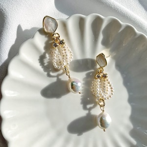 Baroque Pearls Dangle Earring. Small Pearls Earring. Freshwater Shell Earring. Wedding Earring. Bride Earring. Mothers Day Gift.